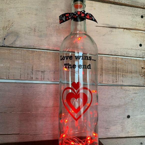 Hand Crafted- ‘Love Wins..’Red fairy light wine bottle lantern with die cut logo - Picture 4 of 9